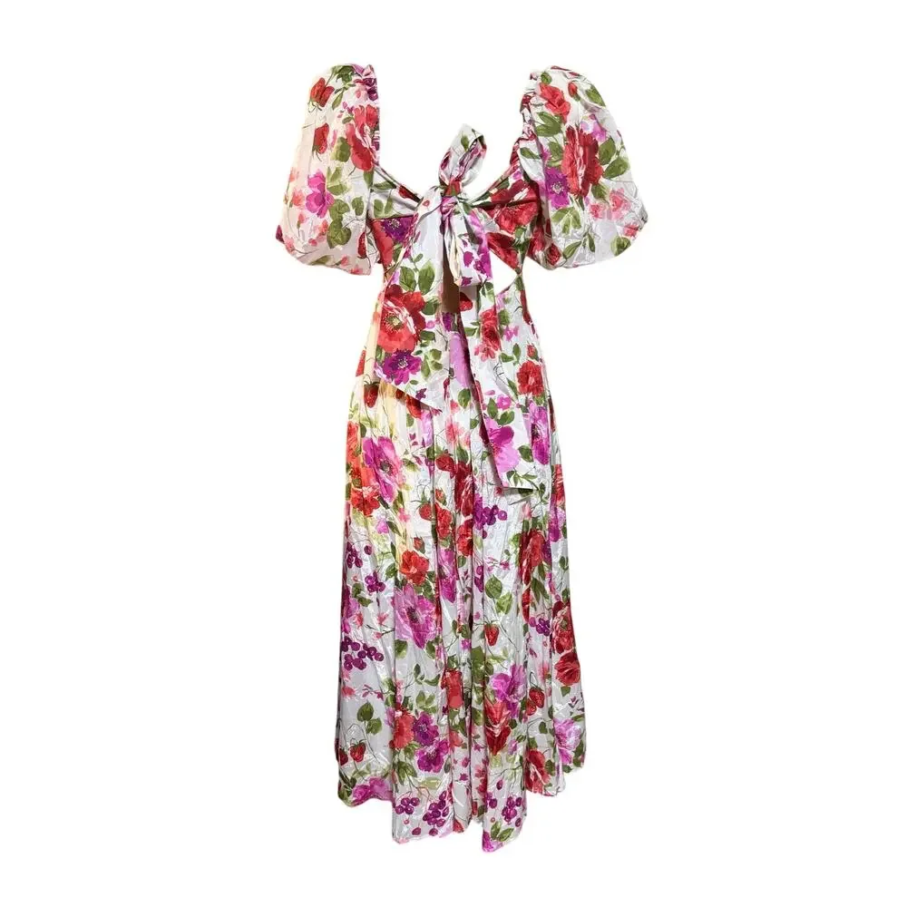 Abercrombie Maxi Dress Strawberry Floral Print Puff Sleeve Sweetheart Neck XS